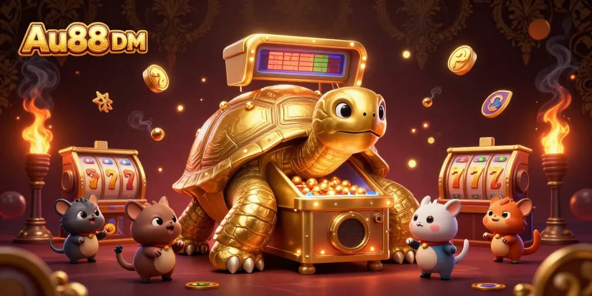 Spin the reels at Au88 DM with an exciting scene featuring a gigantic tortoise pinball machine surrounded by vibrant gambling elements.
