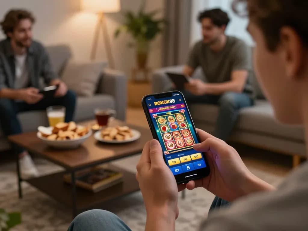 Pemain menikmati pengalaman permainan mereka dengan login slot rokok88 di smartphone mereka dalam suasana yang nyaman
