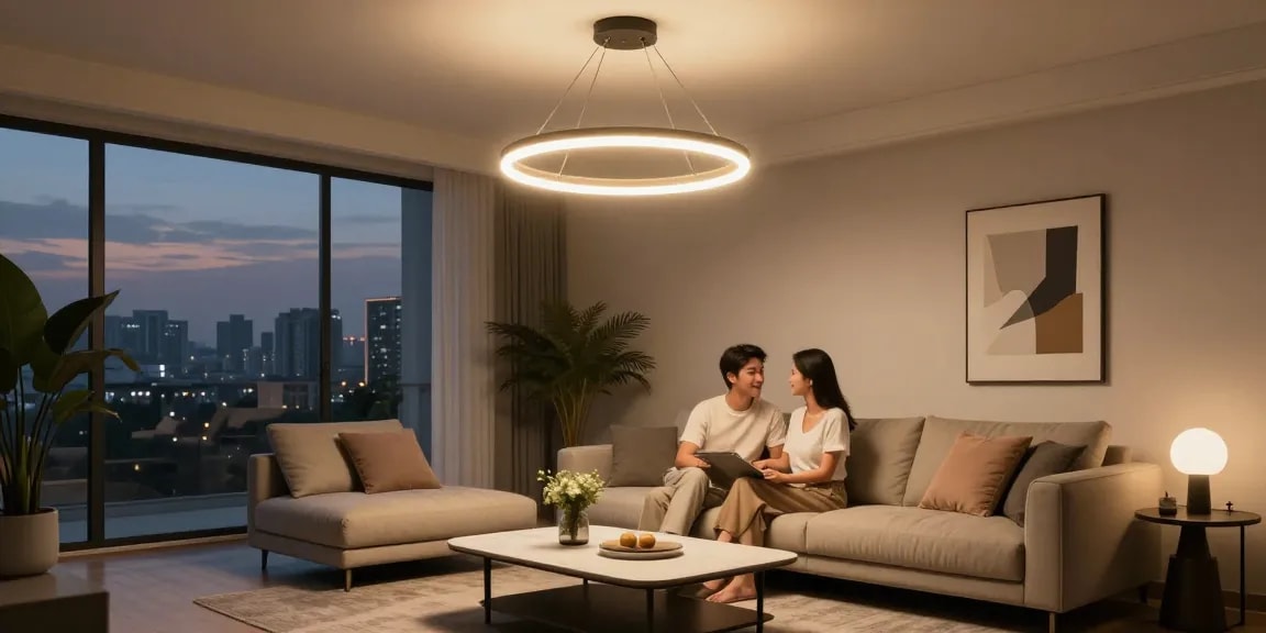 Candelabru living elegant în living modern, oferind lumină caldă într-o atmosferă primitoare.