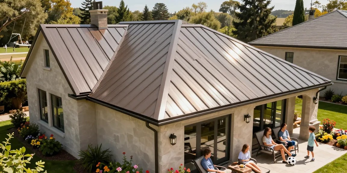 Modern home with metal roof panels and tiles, surrounded by family enjoying outdoor living in a vibrant garden.