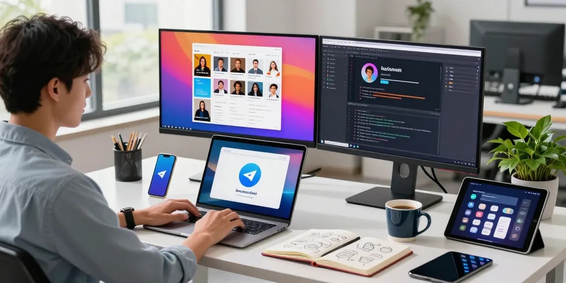 Downloading Telegram app on a laptop in a modern tech workspace