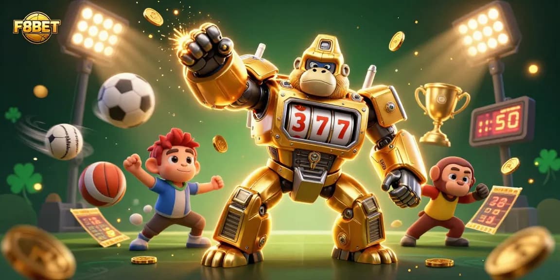 F8BET transformer-style gorilla mech launching coins, surrounded by dynamic sports elements.