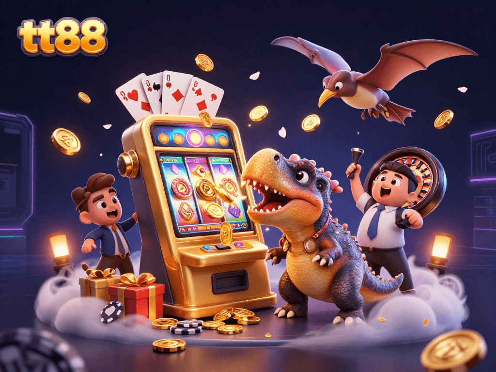tt88 features a pachycephalosaurus headbutting a slot machine, surrounded by casino elements.