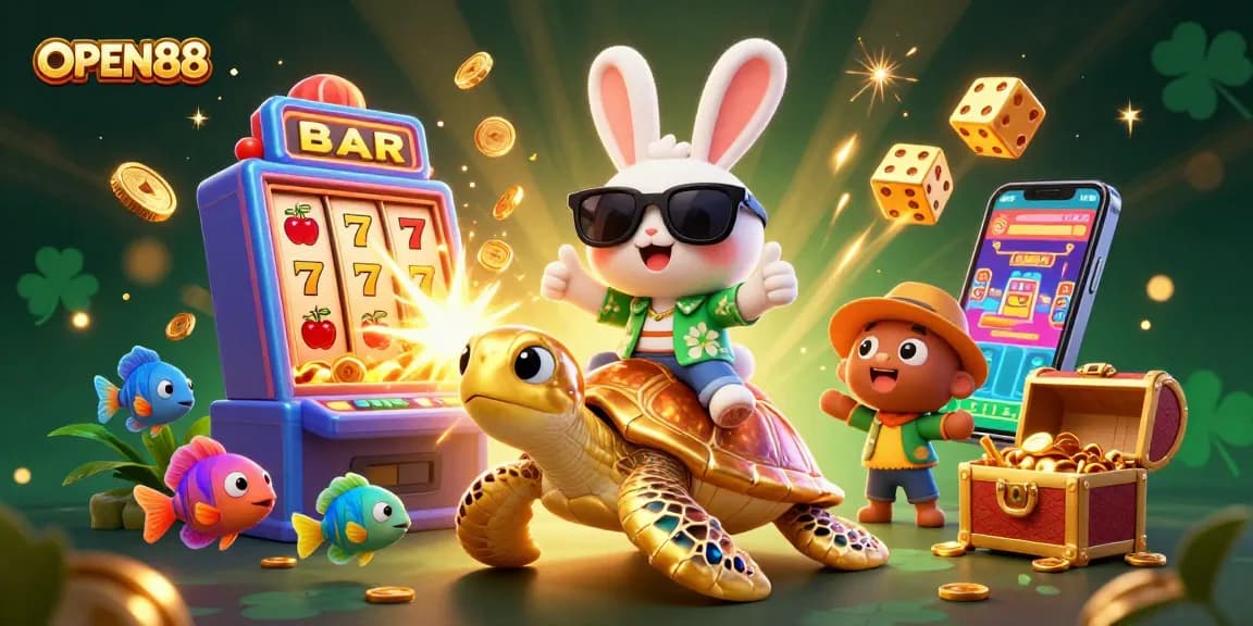 Engage in thrilling gameplay at OPEN88 with a vibrant illustration showcasing a lucky rabbit and a golden turtle amidst a jackpot explosion.