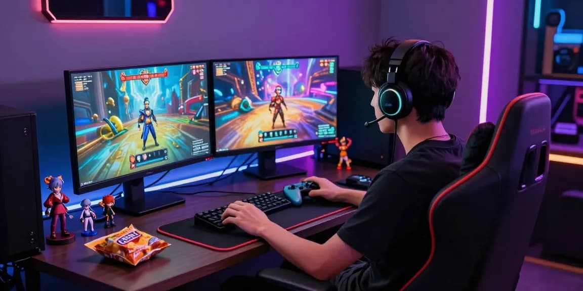 Player enjoying hentai games in an immersive gaming setup with vibrant graphics and accessories.