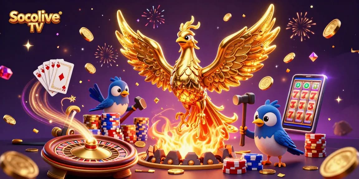 Socolive TV celebrates with a stunning 3D scene of fortune, featuring a golden phoenix amid vibrant casino action.