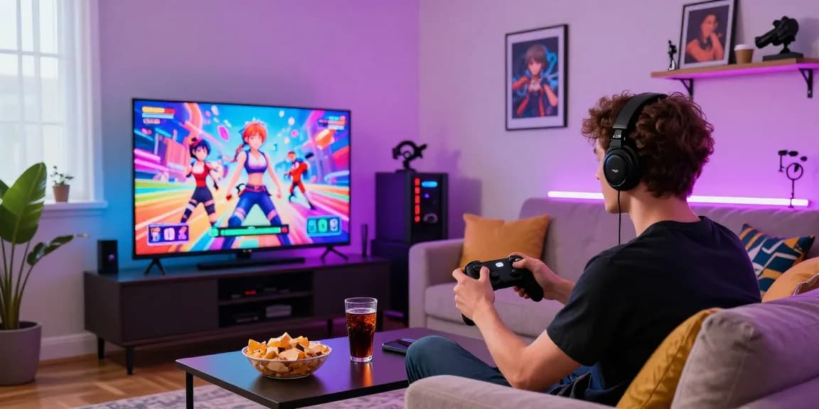 Engaged gamer playing a hentai game on a console in a colorful living room.