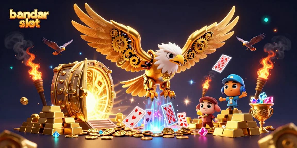 Engage in thrilling bandar slot gaming with a dynamic scene featuring a golden eagle among treasures.