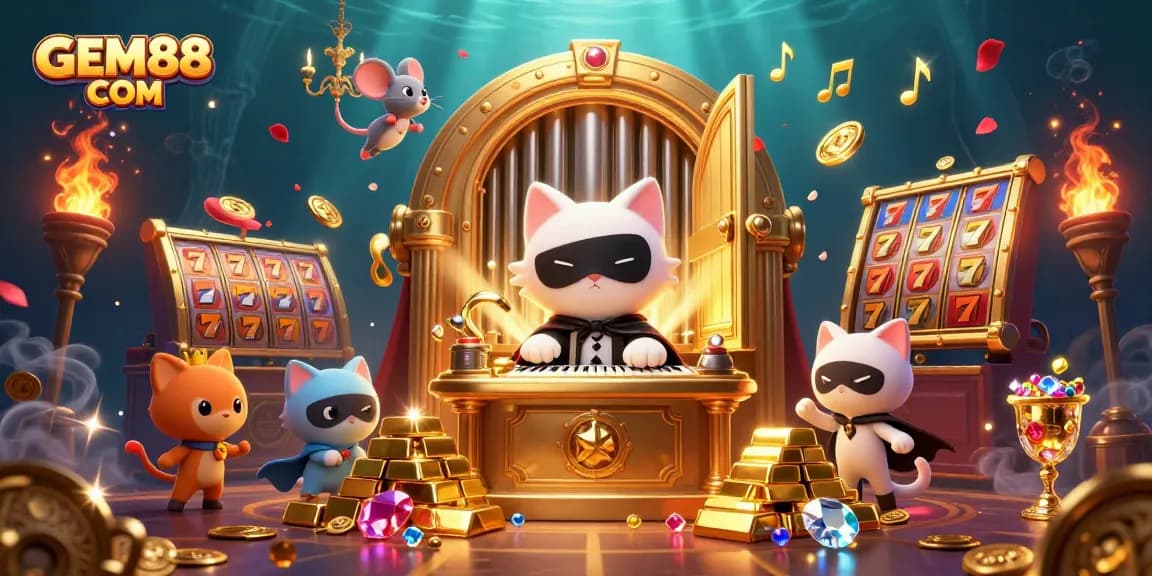 Play slots and win at GEM88 COM, featuring vibrant golden jackpots and enchanting casino characters.