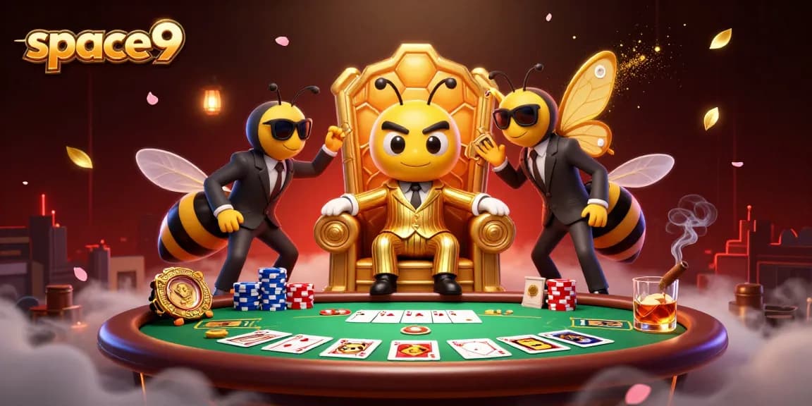 Engage with thrilling poker action at space9 featuring a lively casino scene with characters and game elements.