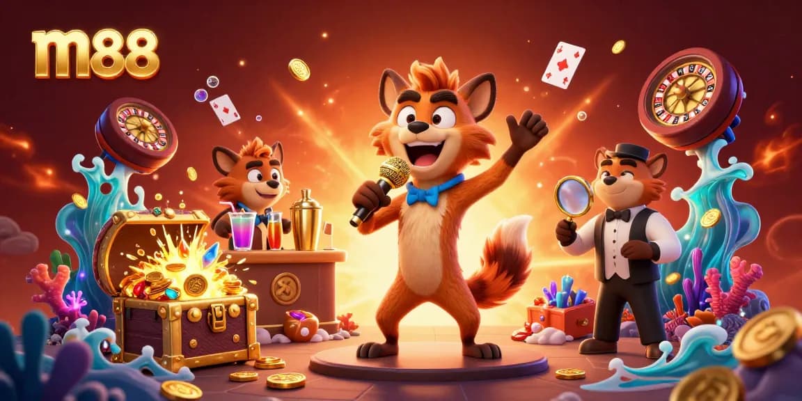 M88 hyenas create a vibrant casino scene with jokes, drinks, and security, showcasing lively gambling action.