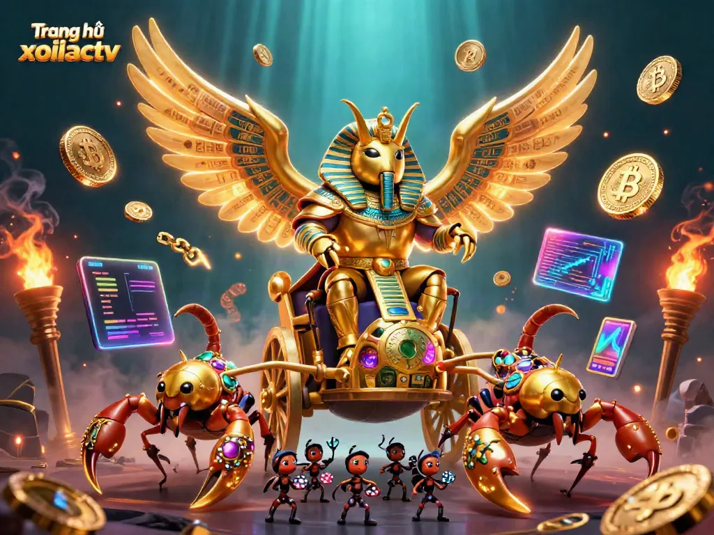 Action-packed scene at Trang chủ xoilactv with vibrant gaming elements, featuring a golden scarab beetle and dazzling coins.
