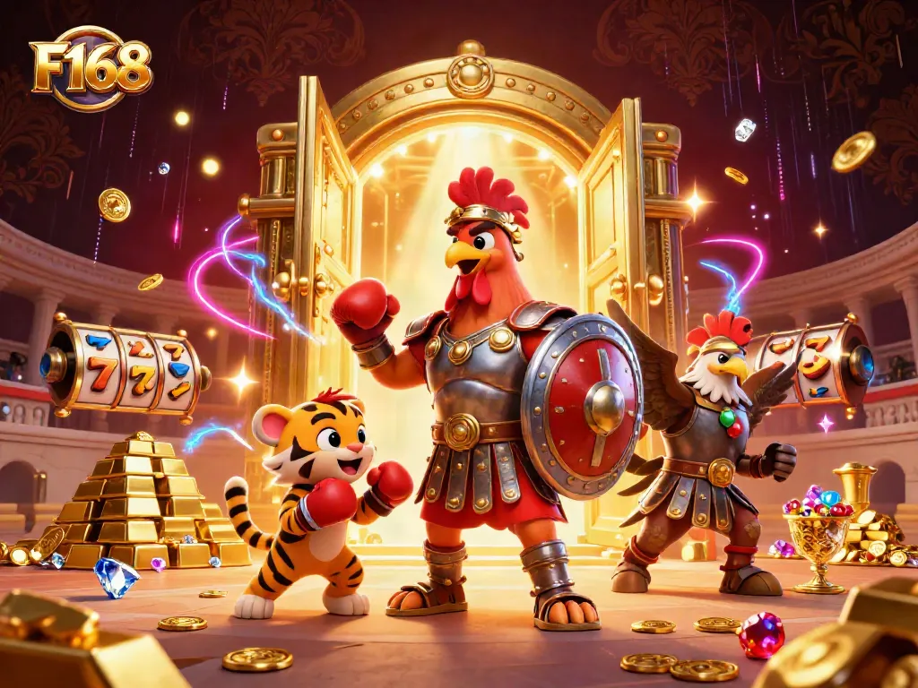 Engage with the dynamic F168 casino scene featuring a rooster warrior, rich treasures, and vibrant gaming elements.