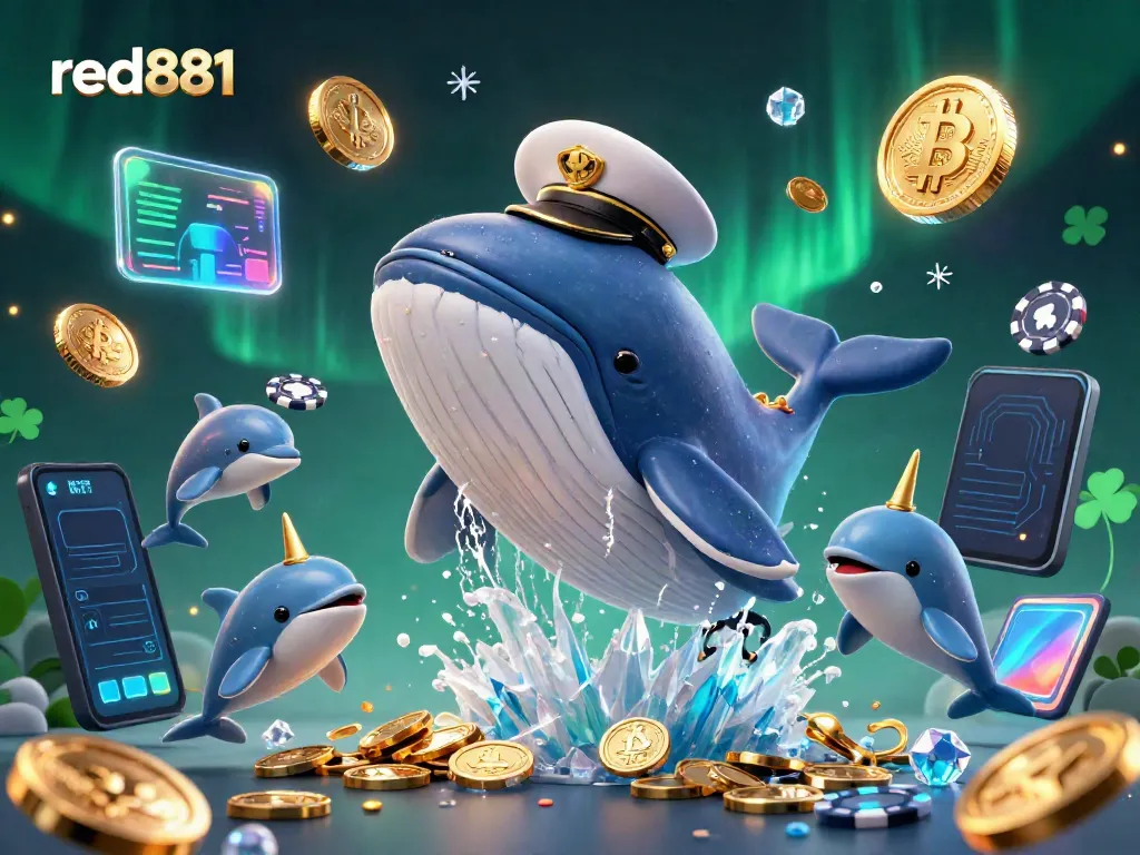 Experience the excitement of red881, as a cartoon whale breaches through coins with playful dolphins and crypto elements, embodying online gaming fun.