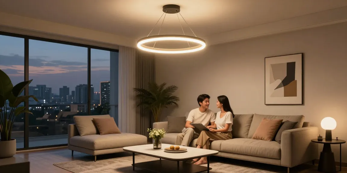 Candelabru living elegant în living modern, oferind lumină caldă într-o atmosferă primitoare.