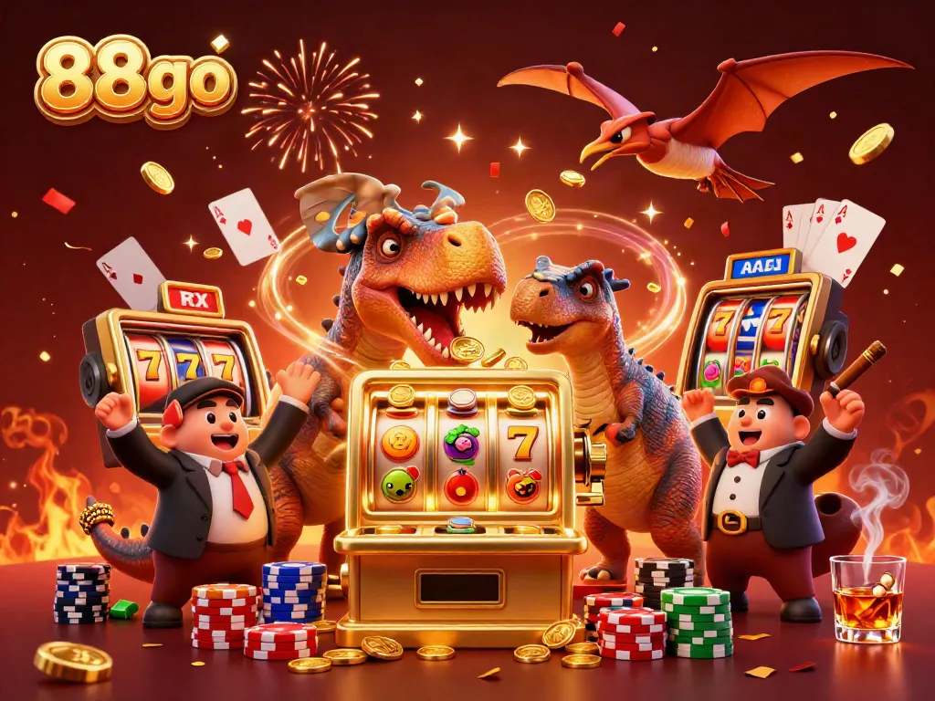 88go illustrates a lively casino scene with dynamic dinosaurs engaging in jackpots and celebrations.