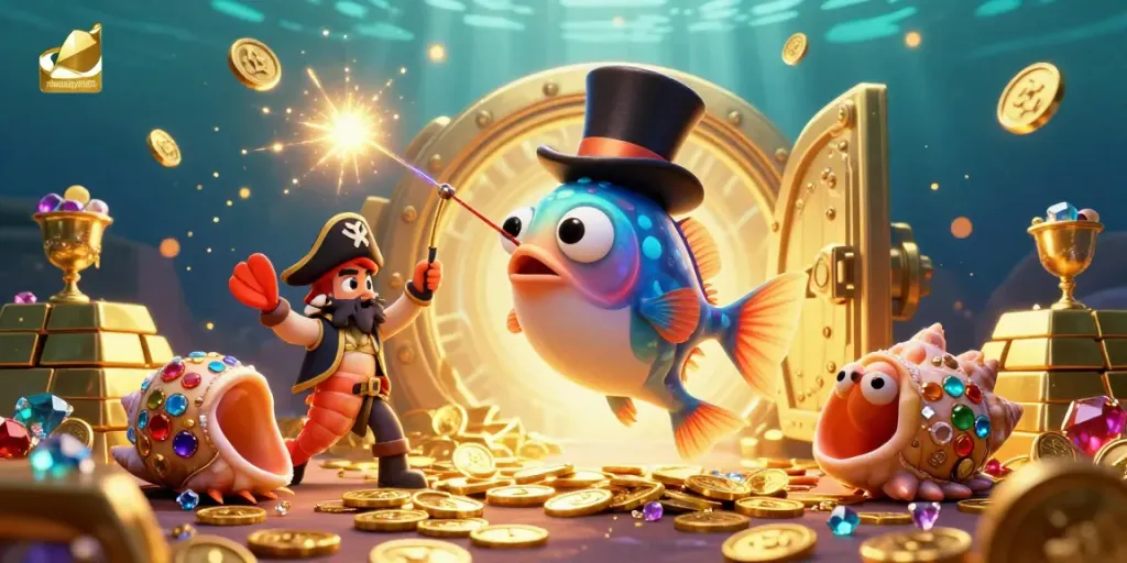 Engage in thrilling gameplay with nhacaiuytin84, featuring a deep-sea anglerfish attracting golden coins in a rich treasure-filled environment.