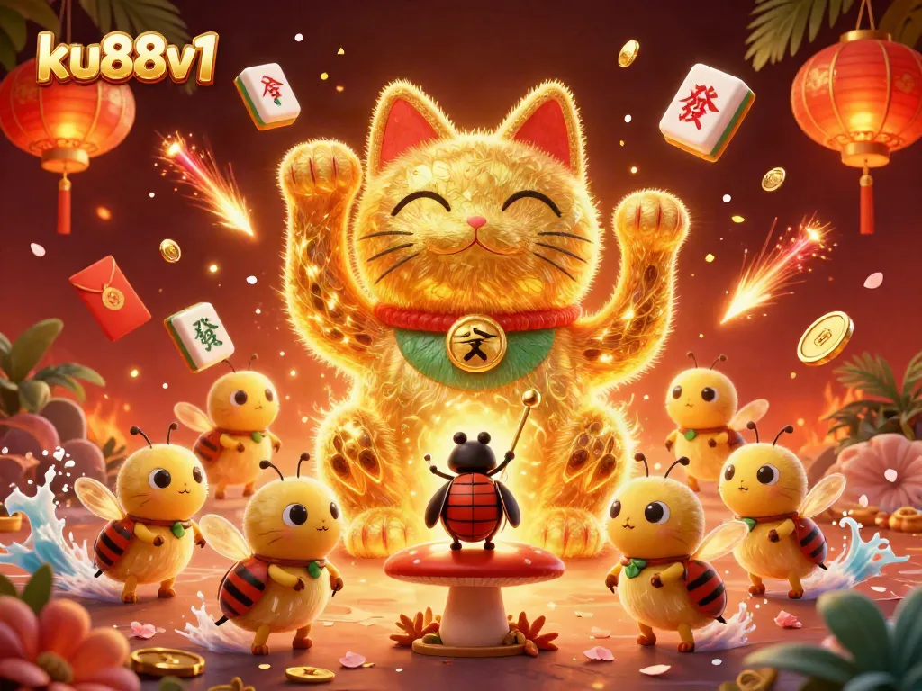 Win big with ku88v1, illustrated in a vibrant casino scene featuring a lucky cat and dynamic game symbols.