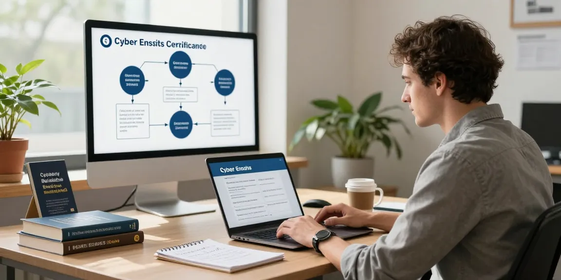 IT professional reviewing the cyber essentials questionnaire at a modern desk with cybersecurity materials, illustrating compliance process.