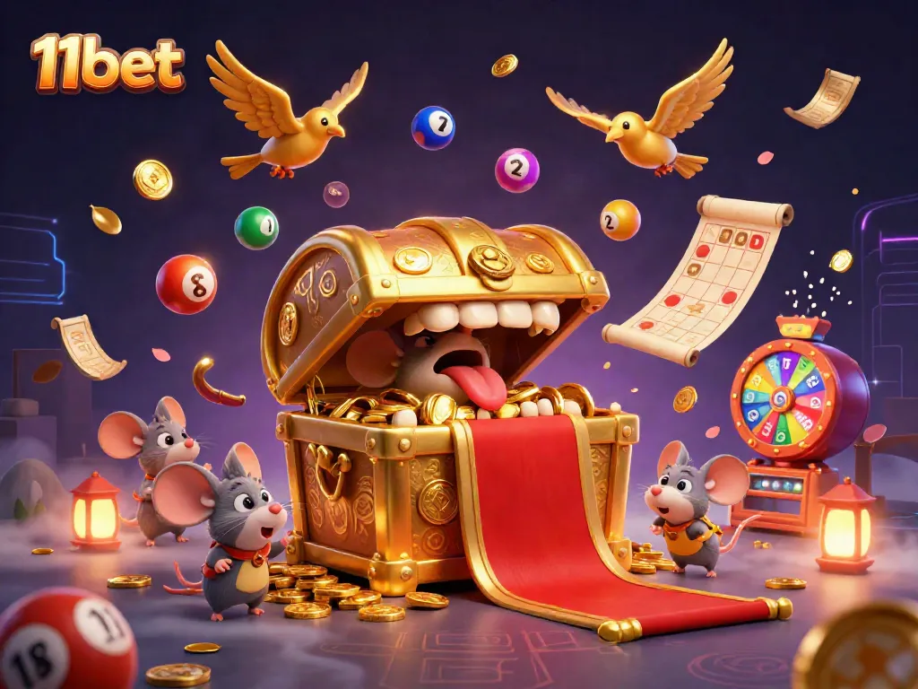 Exciting 11bet scene with a treasure chest and colorful lottery elements enticing adventurers.