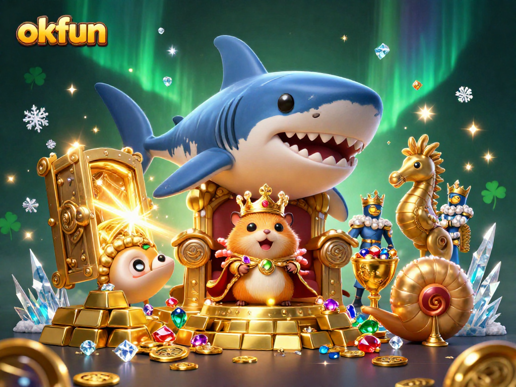 Win big at okfun with the majestic hamster king and treasures in a vibrant 3D casino scene.