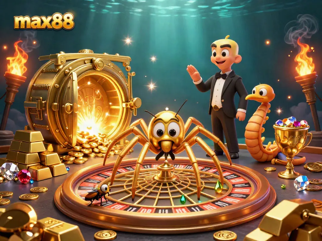 Experience thrilling bets at max88 with a dynamic 3D casino scene featuring a spider croupier.