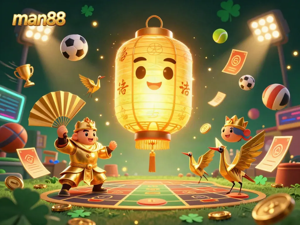 Experience the excitement at man88 with a vibrant 3D casino scene showcasing sports betting and winning moments.