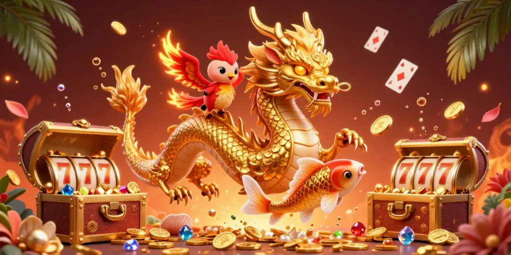 Play slots with Jw88 and experience the thrill alongside a golden dragon and phoenix.