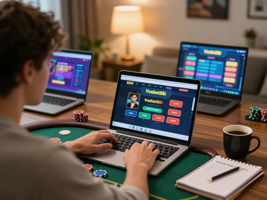 Player enjoying online poker sessions on Vuabet88i platform from a cozy home setting.