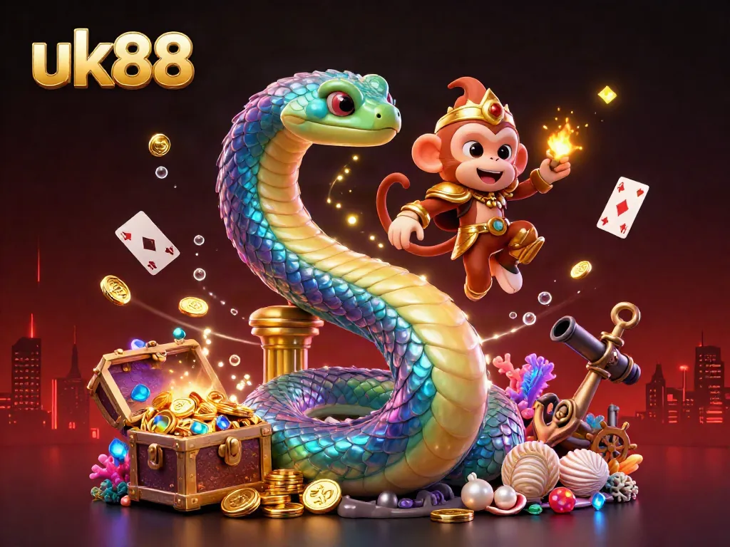 Immerse in the vibrant world of uk88, showcasing a rainbow serpent and monkey king amidst treasure and magical elements.