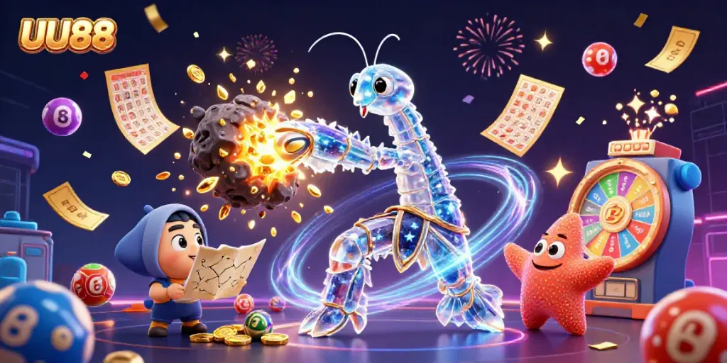 Experience the excitement of UU88 with a galactic theme, showcasing vibrant lottery elements and energetic characters.