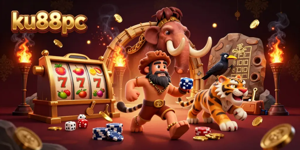 Join the excitement at ku88pc with a dynamic scene of a caveman casino and winning slot action.