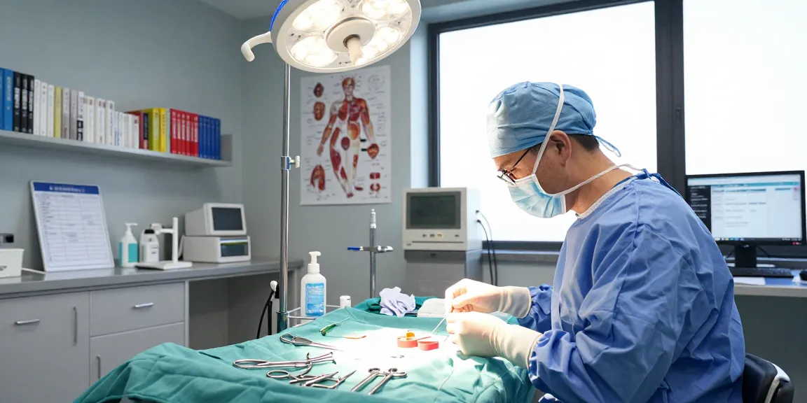 A healthcare professional assembling suture kits with surgical instruments in a clinical workspace.
