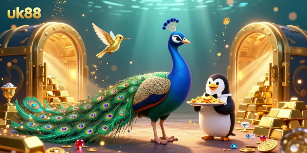 Win big with dynamic uk88 3D casino-themed illustration filled with treasures and vibrant characters.