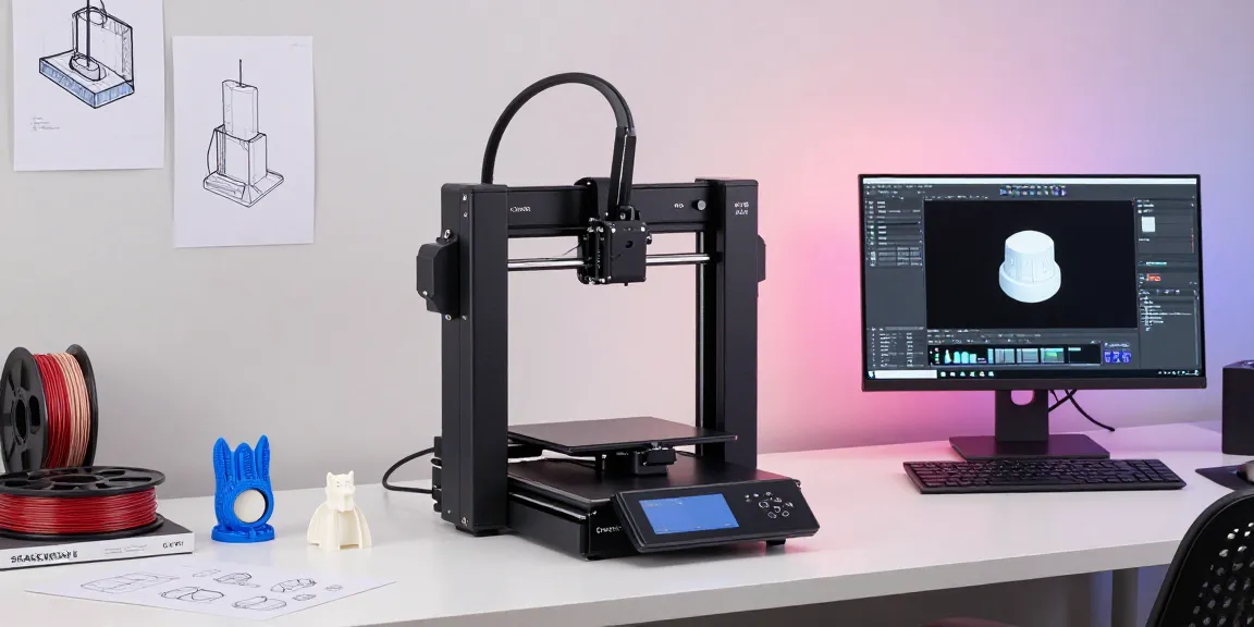 Best beginner 3D printer showcased in a modern workspace with 3D printed models and tech tools, highlighting innovation.