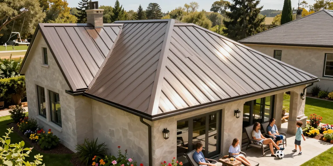 Modern home with metal roof panels and tiles, surrounded by family enjoying outdoor living in a vibrant garden.