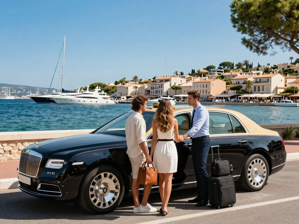 Taxi Saint-Tropez avec véhicule de luxe et chauffeur professionnel au bord de l'eau pittoresque.