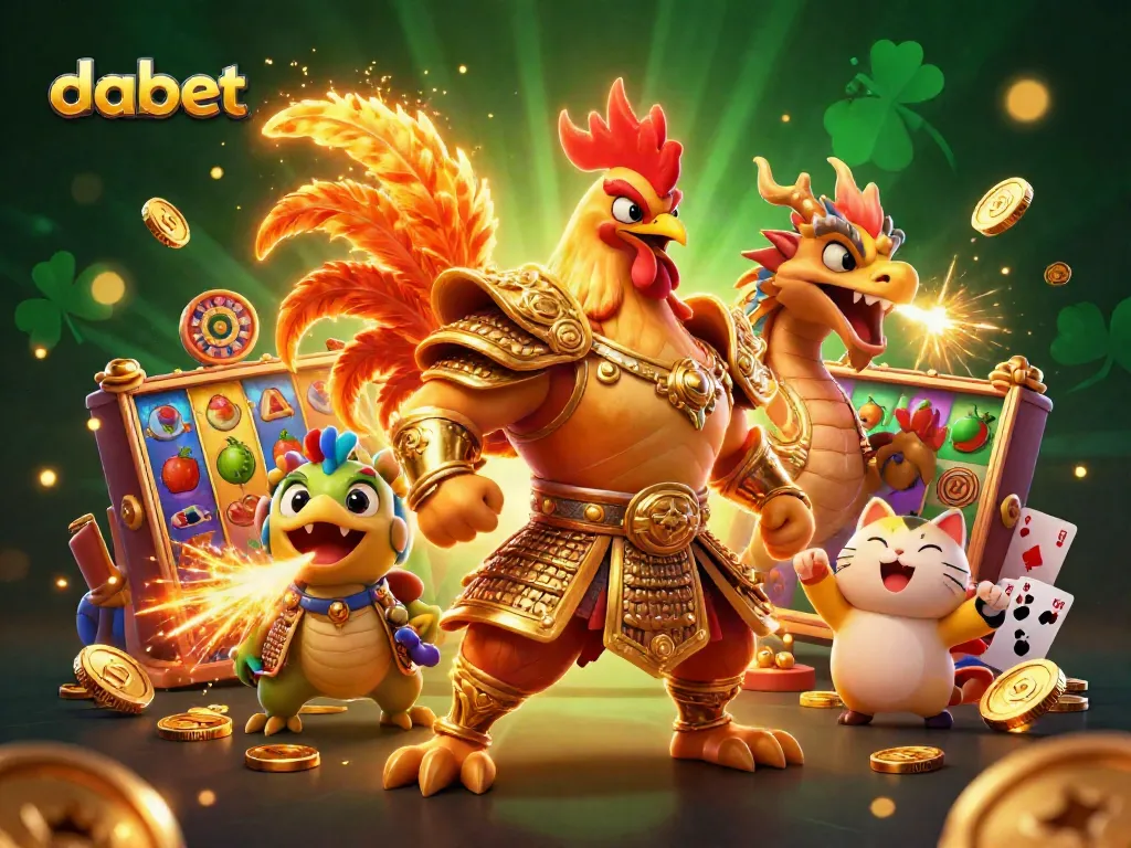Dabet showcases a dynamic casino scene with a cartoon rooster warrior, dragon hatchling, and a fortune cat amid vibrant slot machine elements.