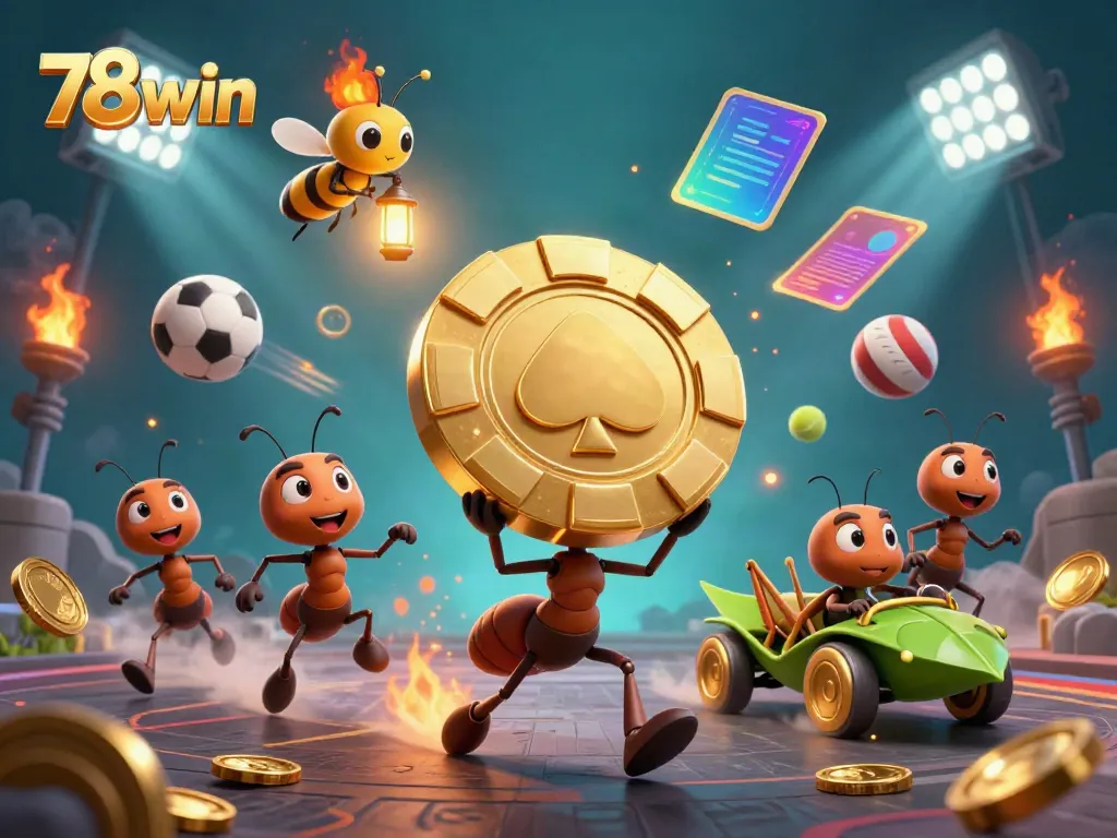 Engaging 3D scene of ants executing a heist with a golden poker chip, embodying the excitement of 78win.