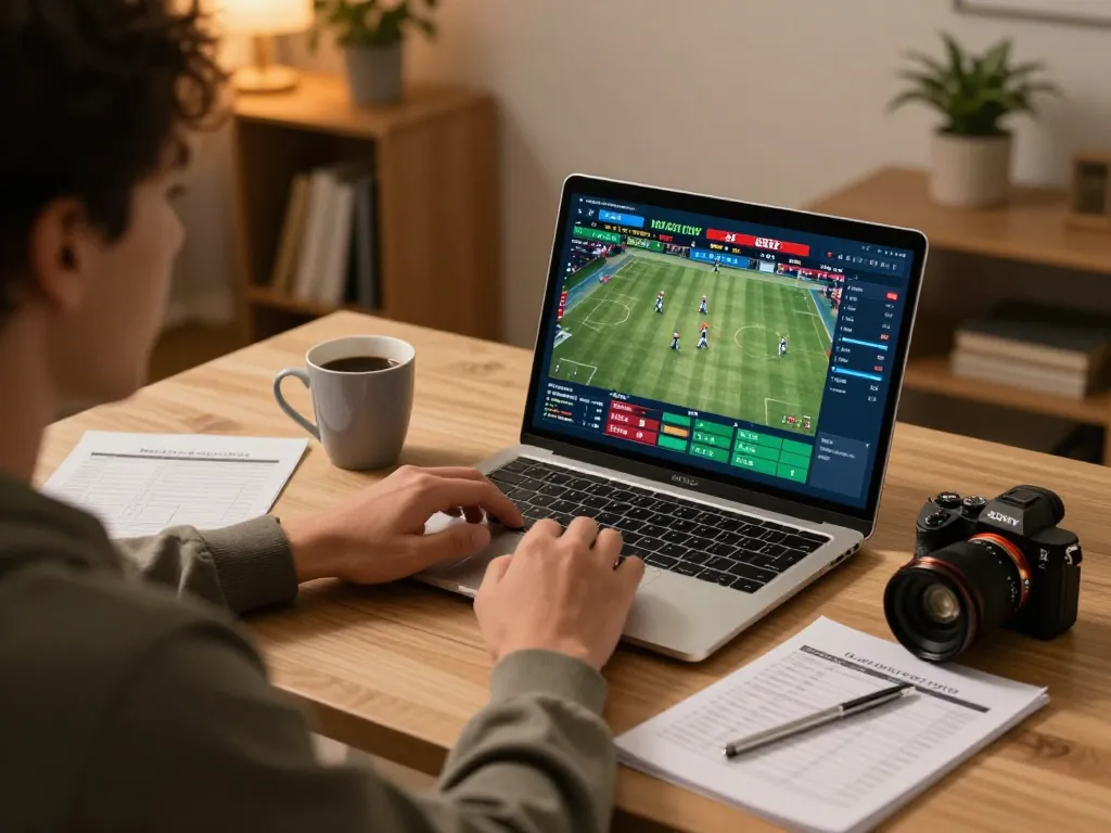 LC88 sports betting scene showcasing strategic engagement on a laptop.