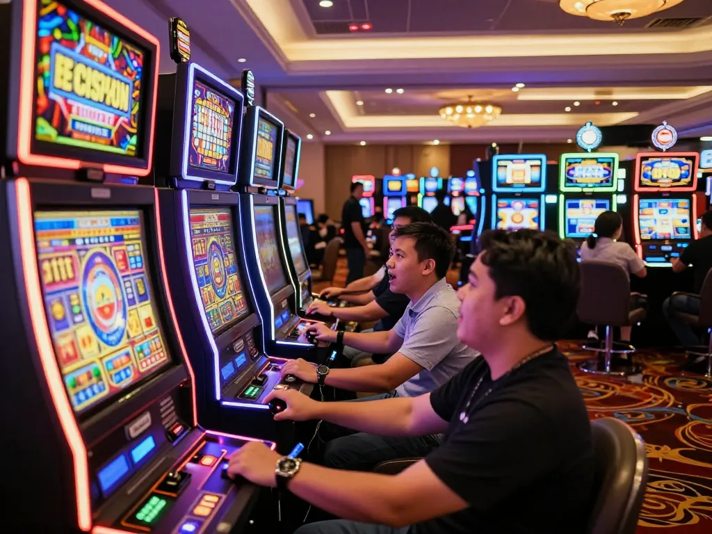 Engaged players enjoying slot gacor games in a lively casino atmosphere