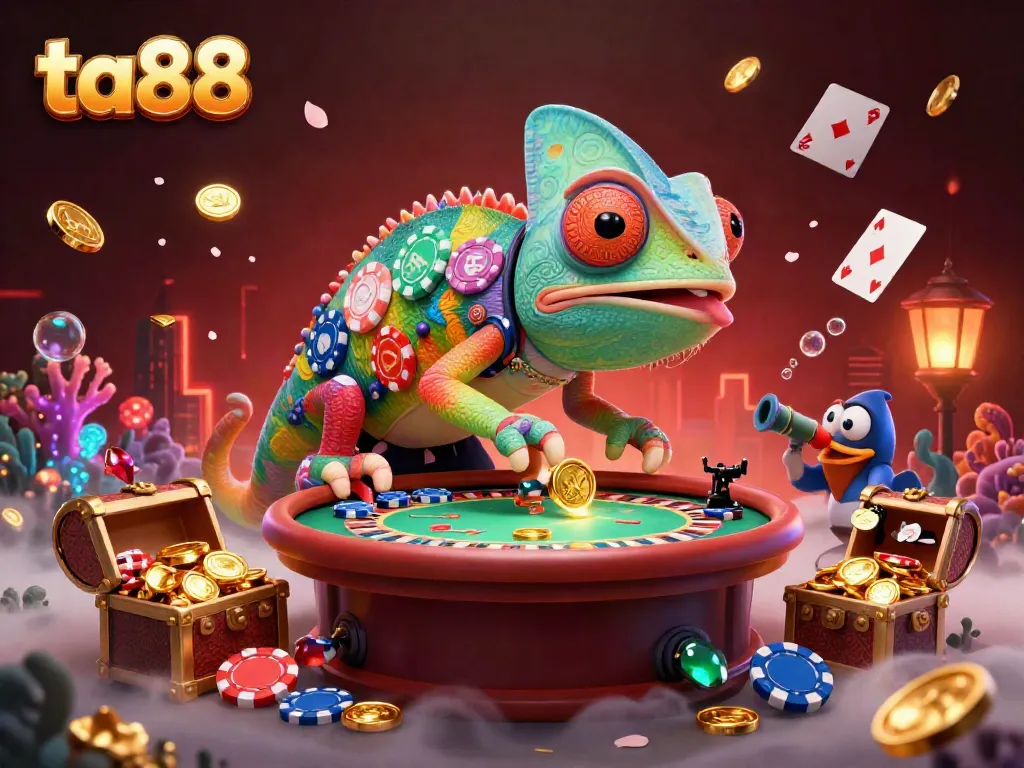 Experience excitement with ta88 as a chameleon casino owner captures coins, illuminating a dynamic gaming scene.