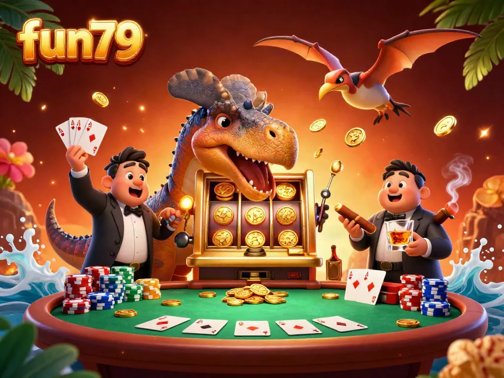 Experience the fun79 world with a pachycephalosaurus playing slots and winning coins.