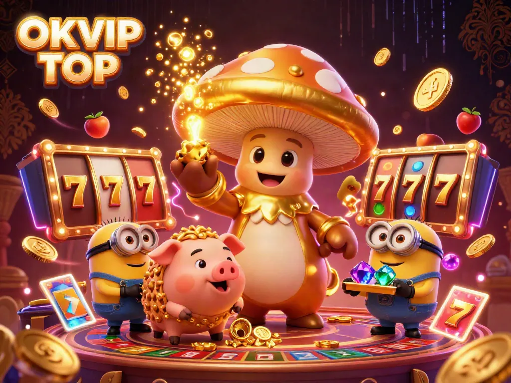 Engage in thrilling gaming with OKVIP TOP, featuring a golden mushroom wizard and exciting slot game elements.