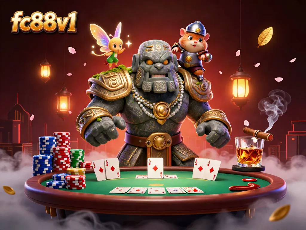 Engaging scene of a golem guardian, a fairy, and a hamster knight playing poker at the fc88v1 casino.