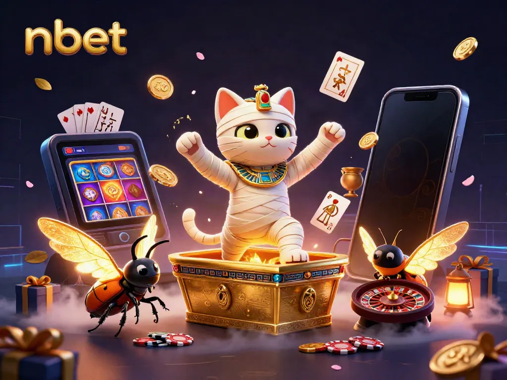 Experience thrilling gameplay at nbet with a vibrant illustration featuring a mummy cat and glowing scarab in a casino.