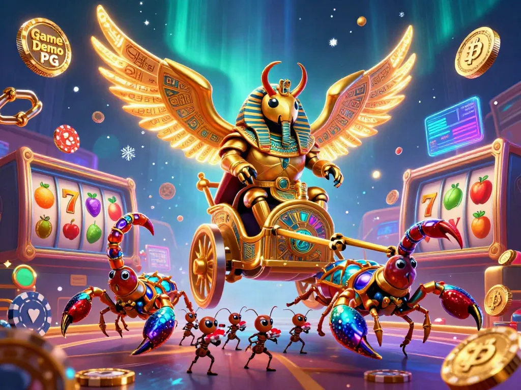 Experience Game Demo PG with a vibrant 3D illustration of a golden scarab beetle and scorpions amidst slot reels and crypto coins.