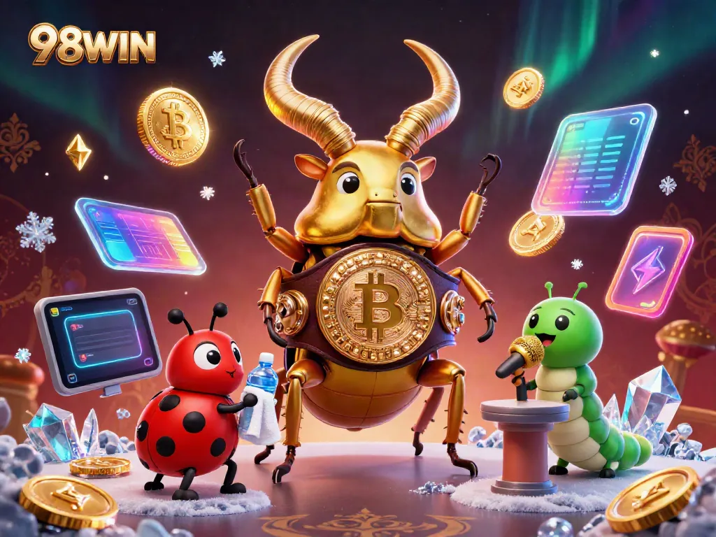 Experience thrilling action with 98WIN in this ultra-detailed illustration of a golden stag beetle and charismatic characters.