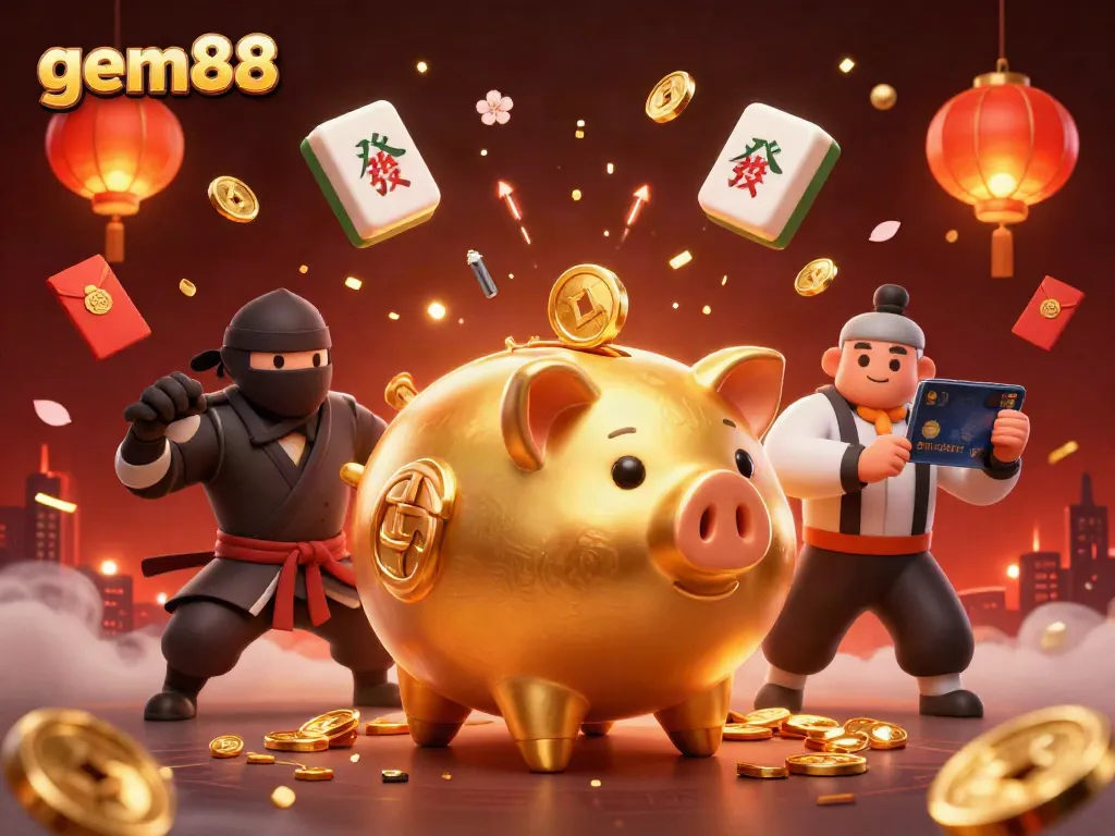 gem88 highlights a lively scene featuring a golden piggy bank sumo wrestler and dynamic gambling elements.