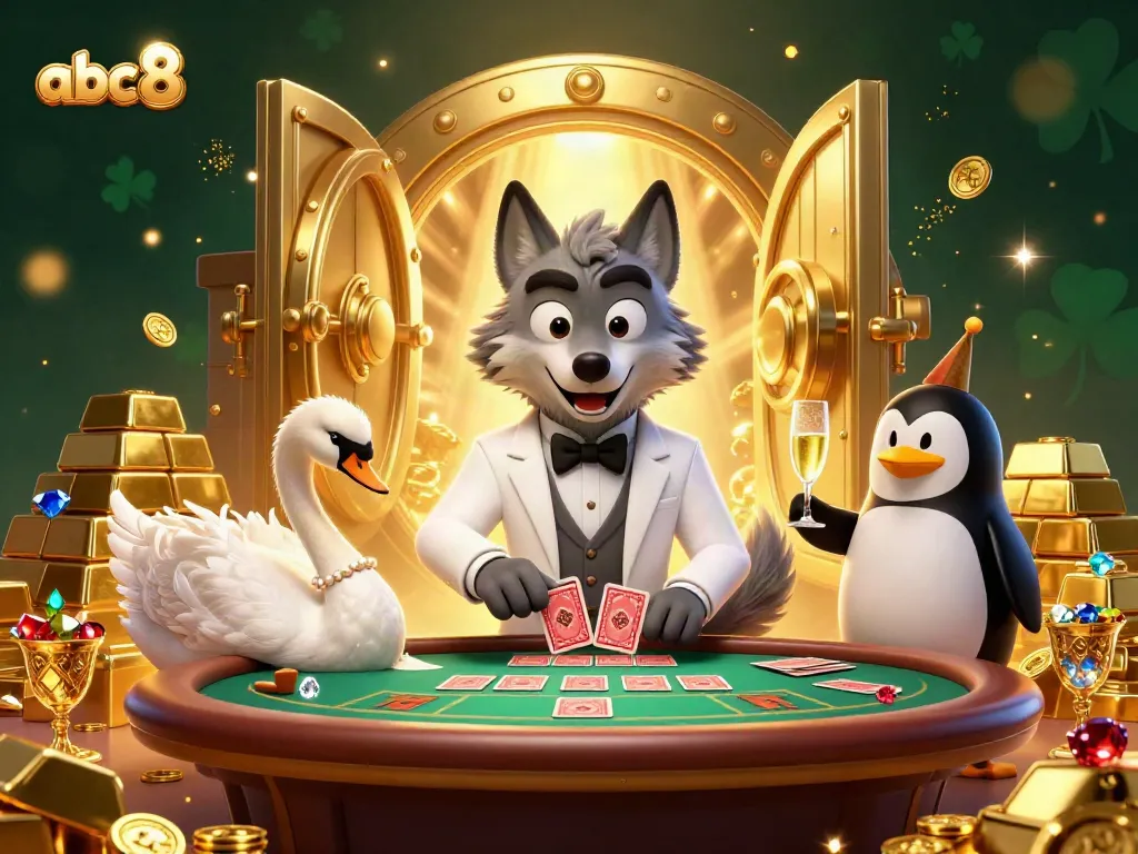 Engaging abc8 casino scene featuring a debonair wolf, elegant swan, and sophisticated penguin with treasures, cards, and gold.